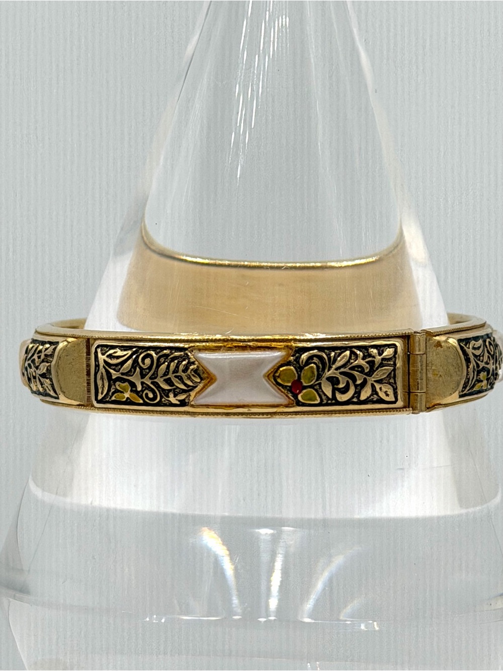 Vintage MOP Gold Plated Black Damascene Floral Hinged Bracelet Catch Chain
